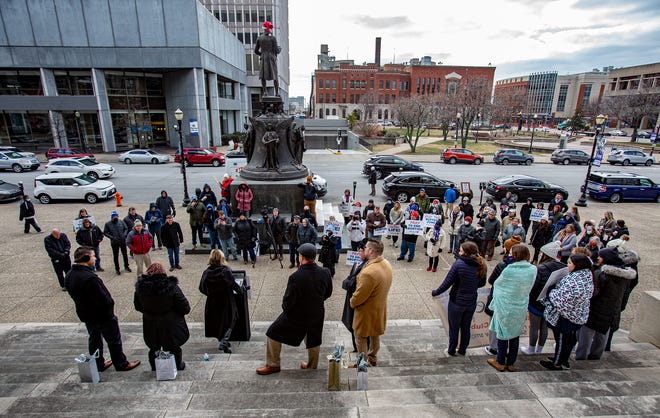 A crowd of around 80 people stood at the steps of Louisville Metro Hall while listening to former U.S. Ambassador to the United Nations Kelly Craft speak out against abortion during a Right to Life rally commemorating the 49th anniversary of Roe v Wade. Jan. 21, 2022
