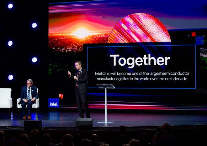 Intel President and CEO Pat Gelsinger stands on stage talking about how Intel will be investing 20 billion dollars building two computer chip factories in Jersey Township, in Licking County, during a live televised a presentation at the Midland Theatre in Newark, Ohio on January 21, 2022.