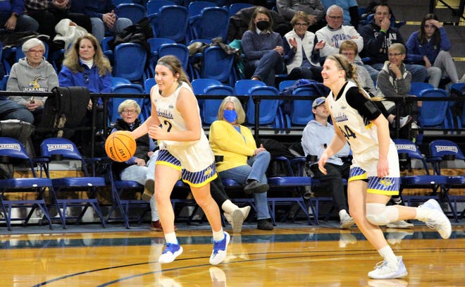 SDSU guard Paige Meyer (left) and Myah Selland bring the ball up the floor during Thursday night's Summit League win over St. Thomas at Frost Arena.