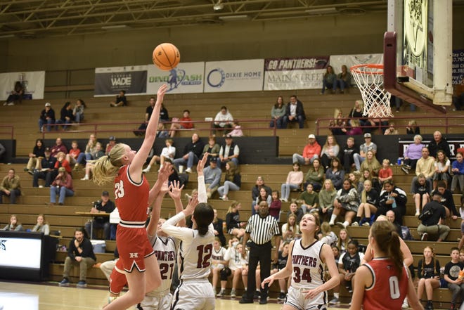 Addi Crandall attacks the Pine View defense. Crandall scored 13 points and was instrumental on the glass for Hurricane.