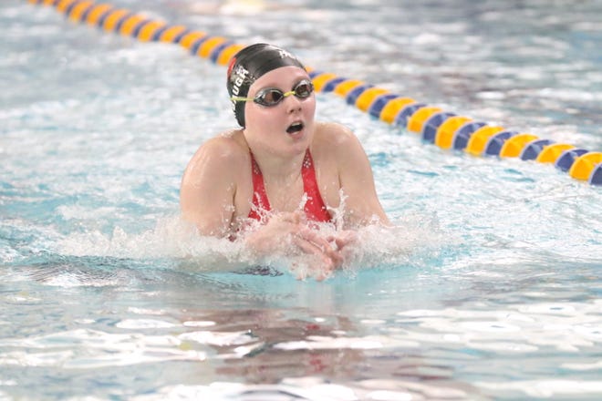 Pleasant junior Jenna Hollenbaugh competes in the 200-yard individual medley during the Mid Ohio Athletic Conference Swimming Championships at Ontario this winter. Hollenbaugh was named Fahey Bank Athlete of the Month for Marion County girls in February.