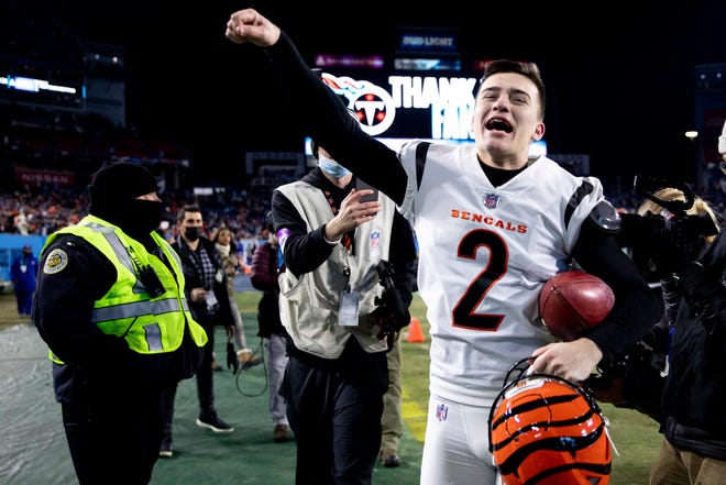 Cincinnati Bengals kicker Evan McPherson (2) celebrates after hitting a game winning 54 yard field goal in the fourth quarter during an NFL divisional playoff football game, Saturday, Jan. 22, 2022, at Nissan Stadium in Nashville, Tenn. Cincinnati Bengals defeated Tennessee Titans 19-16.