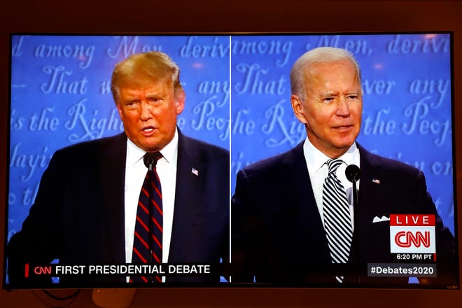 President Donald Trump and Democratic presidential nominee Joe Biden participate in the first presidential debate at the Health Education Campus of Case Western Reserve University, on Tuesday, Sept. 29, 2020, in Cleveland, Ohio. (Yuri Gripas/Abaca Press/TNS)
