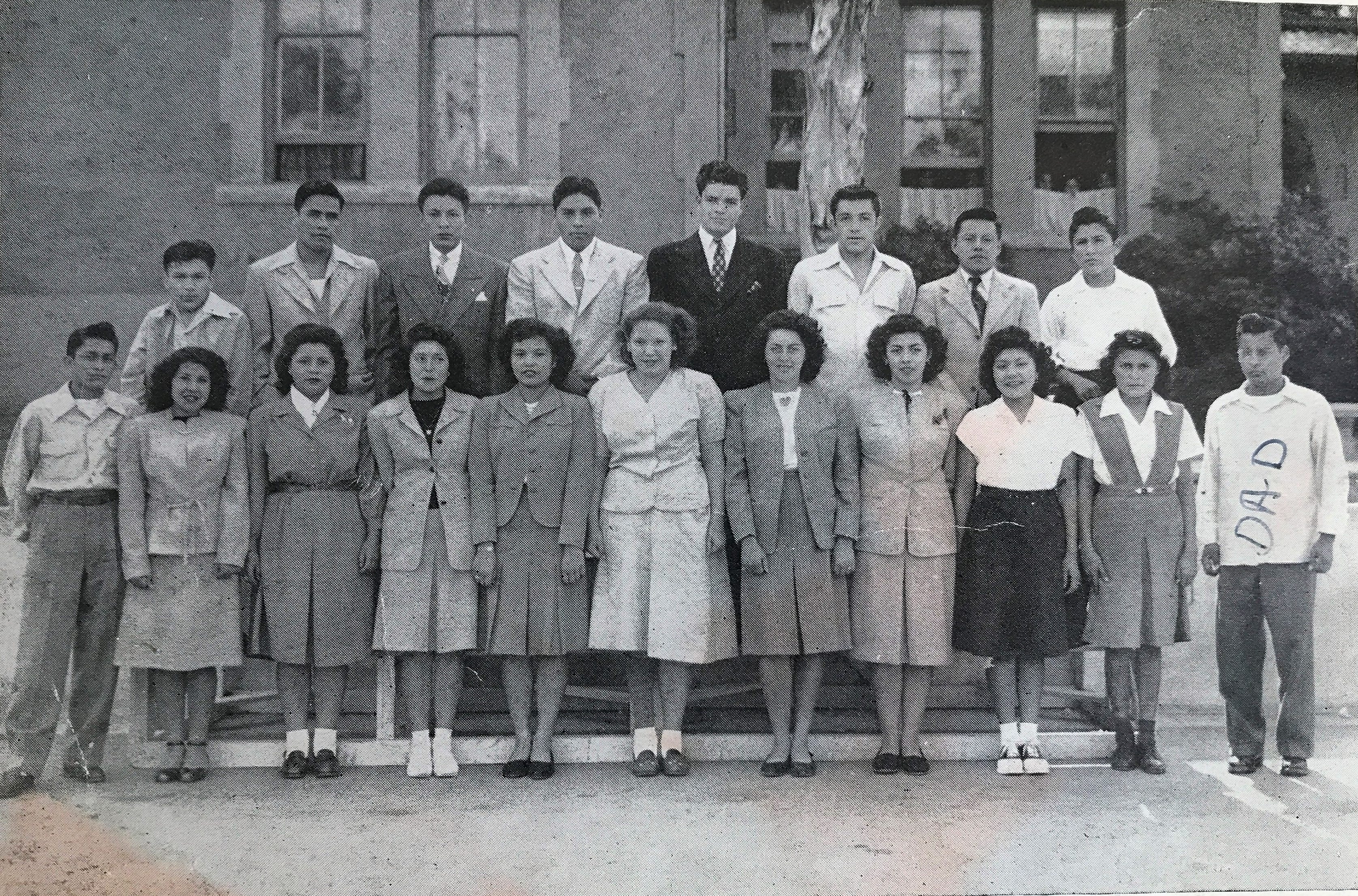 The 1948 yearbook for Sherman Indian High School shows April Carmelo's father, Daniel Carmelo, first row at far right, in a photo of the associated student body cabinet for 1947-48.