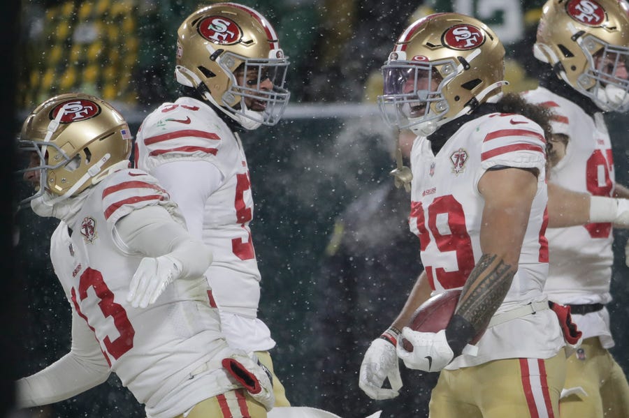 San Francisco 49ers' Talanoa Hufanga reacts after running a blocked punt in for a touchdown during the second half of an NFC divisional playoff NFL football game against the Green Bay Packers Saturday, Jan. 22, 2022, in Green Bay, Wis.