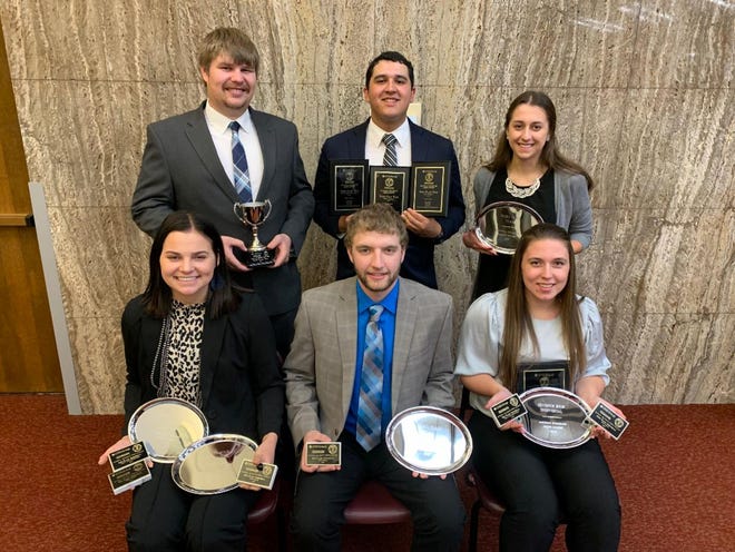 The SDSU Crops Judging Team finished third and fourth at the two national finals collegiate crops competitions held last fall. Pictured, from left: back row, Jackson Cramer, Miguel Mena and Rachel Geary; front row, Aubrey Weishaar, Dalton Howe and Miranda Smidt.