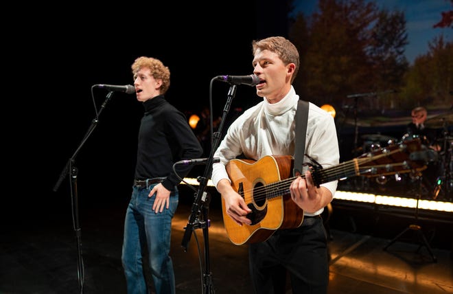 (L-R) Ben Cooley and Taylor Bloom appear in a scene from the Broadway play, "The Simon & Garfunkel Story," opening Feb. 1 at the Classic Center in Athens, Ga.