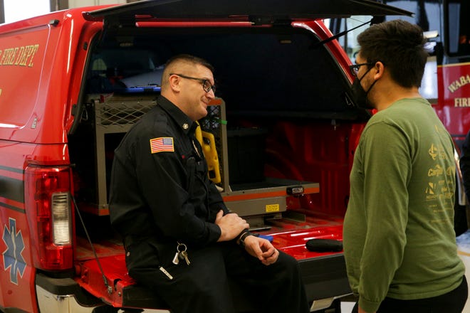 Wabash Township Fire Chief Ed Ward and Wabash Township Trustee Angel Valentín talk inside Station No. 1, Monday, Jan. 24, 2022 in West Lafayette.