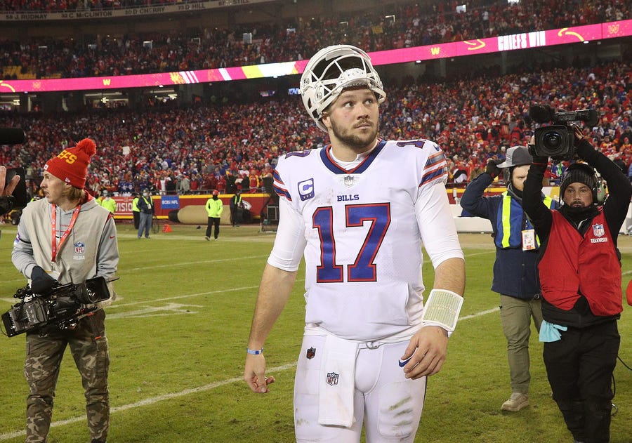 Josh Allen leaves the field after the Buffalo Bills' 42-36 overtime loss to the Kansas City Chiefs.