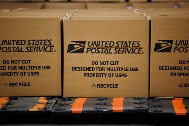 A general view of boxes used to sort packages for delivery during a media tour of a United States Postal Service package support annex on Nov. 4, 2021 in La Vergne, Tennessee.