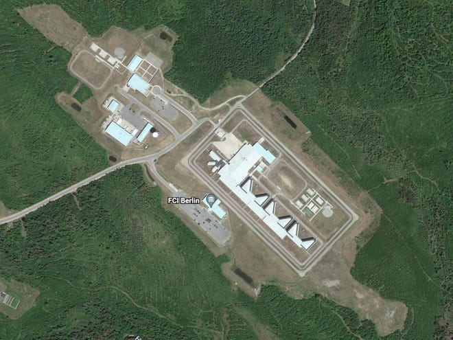 A satellite view of the federal prison in Berlin, New Hampshire.  The minimum-security prison camp is at the top left, and the medium-security facility is the building in the center.