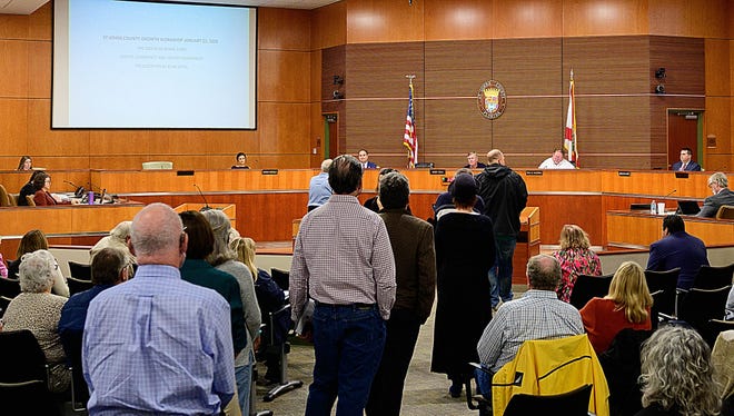 Residents wait their turn to speak to St. Johns County commissioners about managing future growth and infrastructure during a workshop at the county’s administration building in St. Augustine Tuesday.