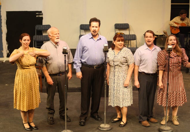"Smoke on the Mountain" cast members (from left) Meredith Rice, Steve Dwiggins, George Mann, Shanna Davis, Wesley Fox and Jessica Smith.