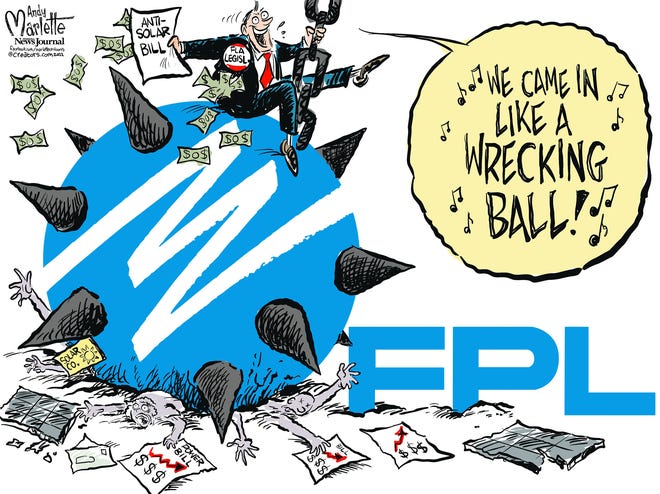 Florida cartoon: FPL rigging laws to crush homeowners