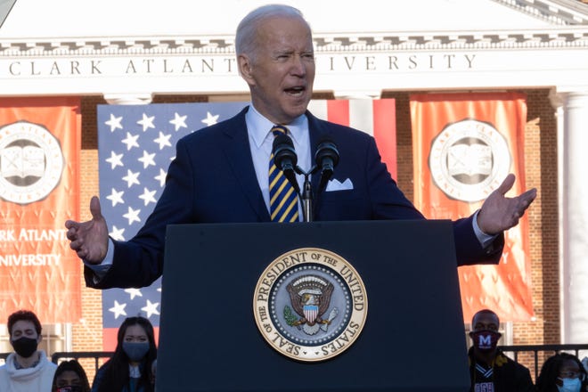 U.S. President Joe Biden speaks about voting rights at Clark Atlanta University on Tuesday, Jan. 11, 2022. (Ben Gray/The Atlanta Journal-Constitution/TNS)