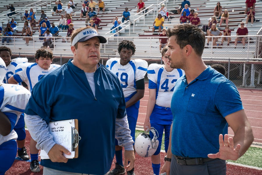 Sean Payton (Kevin James, left) signs on to help Coach Troy (Taylor Lautner) and the lowly Warriors in the Netflix sports comedy "Home Team."