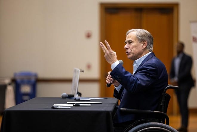 Gov. Greg Abbott made a pitch last week to solidify parental rights as an amendment to the Texas Constitution. Because state law already grants parents rights related to their children’s education, some see the proposal as a way to score political points with pandemic-weary Texas parents. Here, Abbott is seen speaking to a retirement community in Georgetown, on Thursday, Jan. 13, 2022.