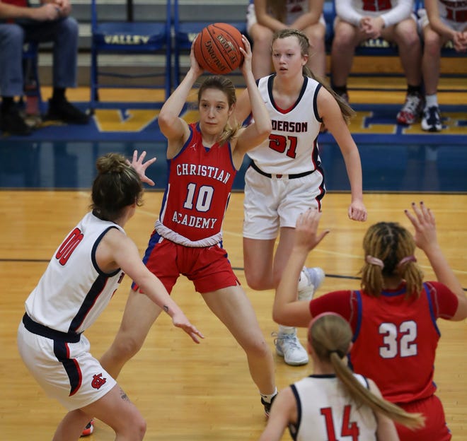 CAL's Addison Kincaid (10) looks to pass against Anderson County during the Girls LIT tournament at the Valley High School gym in Louisville, Ky. on Jan. 25, 2022.