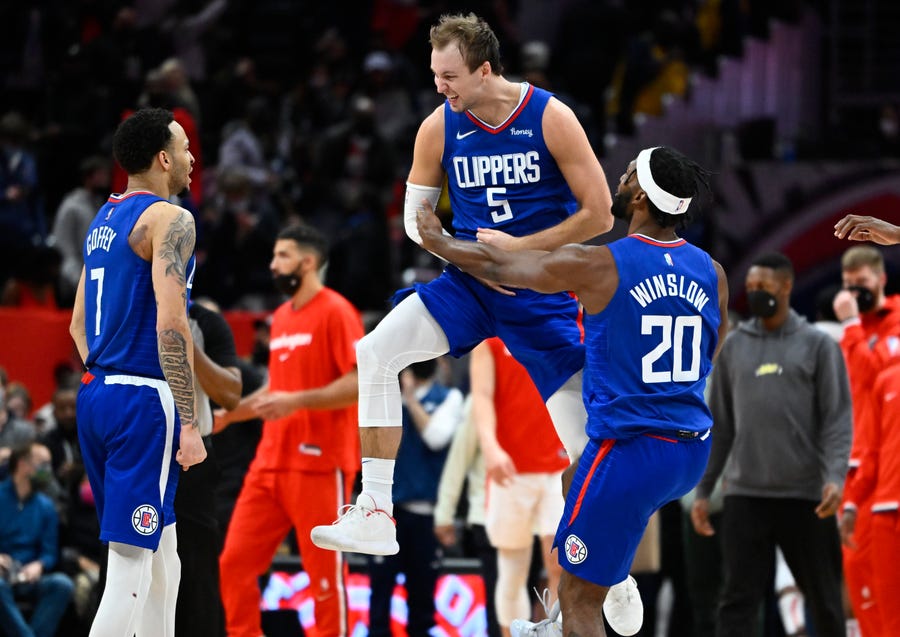 Jan. 25: Luke Kennard celebrates after his late 4-point play capped the Clippers' rally from 35 down to beat the Wizards in Washington.