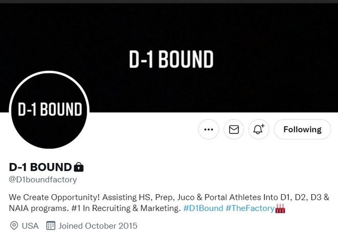 A screenshot of D-1 Bound's Twitter page, which was made private after USA TODAY Sports contacted the entity on Jan. 25, 2022.