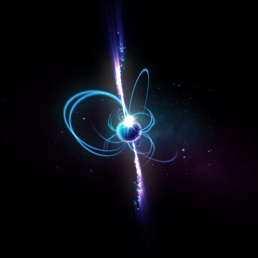 An artist's impression of what the object might look like if it's a magnetar. Magnetars are incredibly magnetic neutron stars, some of which sometimes produce radio emission. Known magnetars rotate every few seconds, but theoretically, 