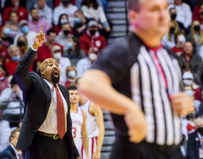 Indiana head coach Mike Woodson instructs his team in the first half of the Indiana versus Penn State men's basketball game at Simon Skjodt Assembly Hall.