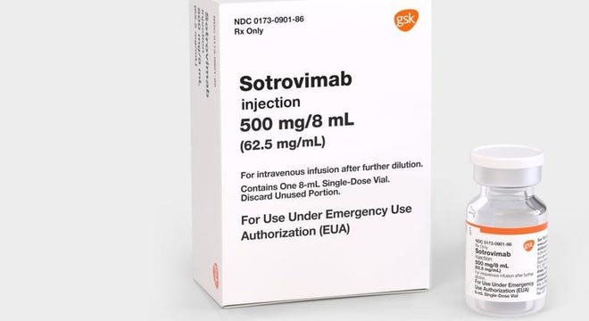 A vial of the monoclonal antibody Sotrovimab, a treatment for COVID-19 that is effective against the omicron variant.