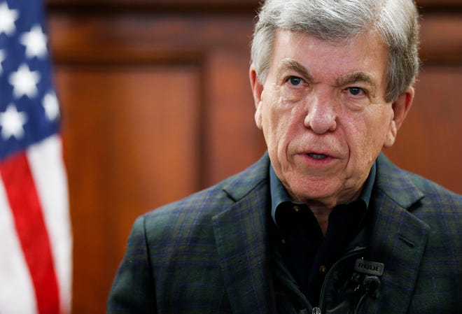U.S. Senator Roy Blunt speaks at the Greene County Clerk's office during a press conference on Thursday, Jan. 27, 2022.