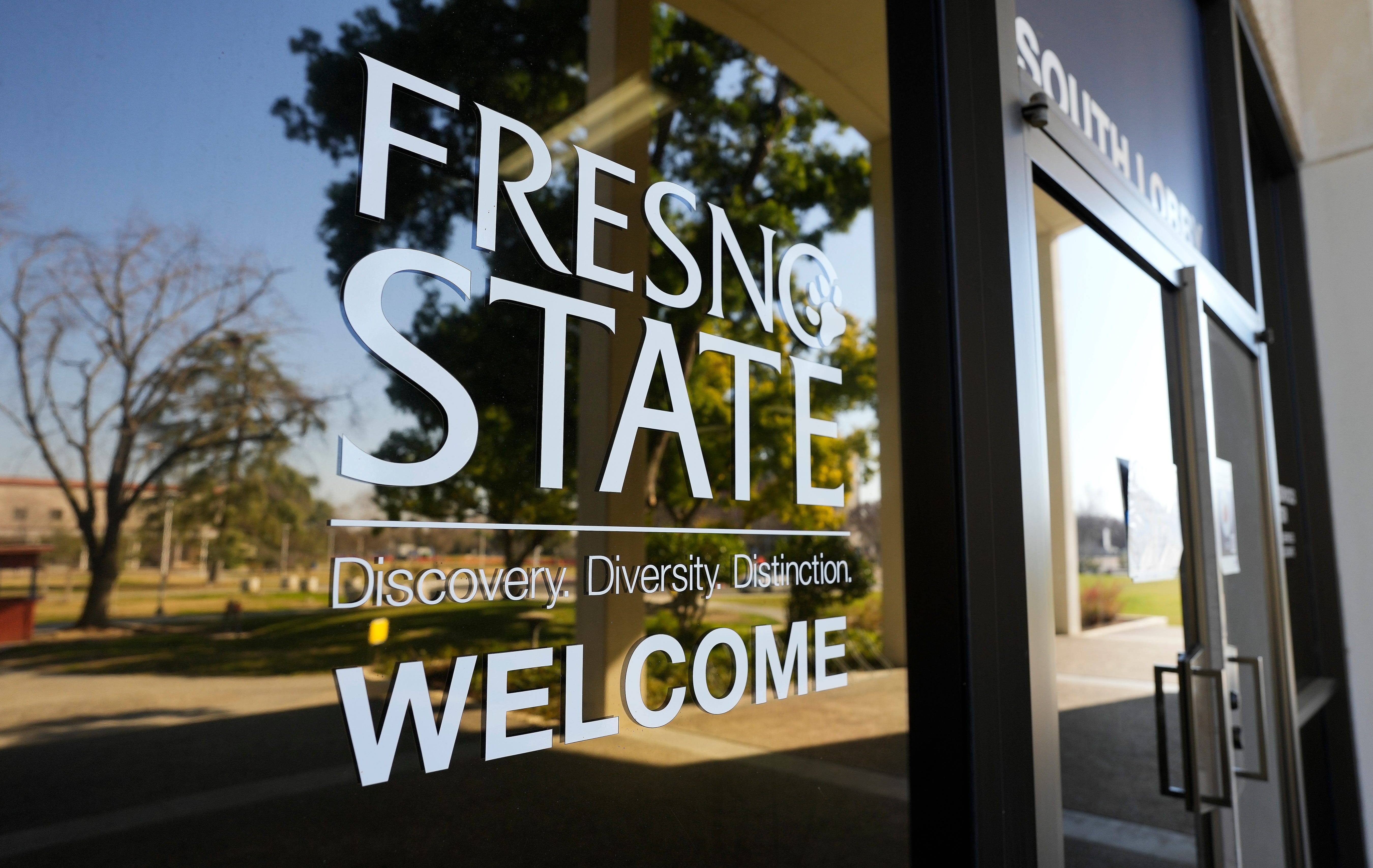 The entrance of the Joyal Administration Building on the campus of California State University, Fresno, where Frank Lamas worked.