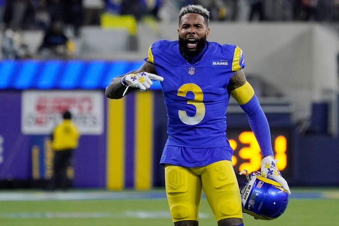 Los Angeles Rams wide receiver Odell Beckham Jr. (3) celebrates during the first half of an NFL wild-card playoff football game against the Arizona Cardinals in Inglewood, Calif., Monday, Jan. 17, 2022.