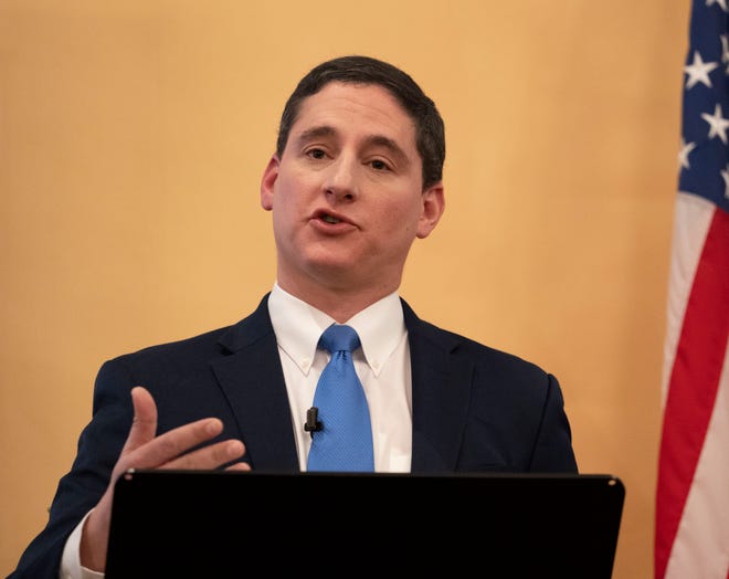 Republican candidate Josh Mandel and Democratic candidate Morgan Harper speak in an Ohio Senate debate at North Columbus Baptist Church in Columbus, Ohio, on Thursday, Jan. 27, 2022.