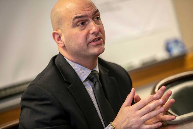 Nikolai Vitti, head of the Detroit Public School District, speaks to students about their concerns at Detroit Public School District headquarters on Friday, May 10, 2019, at the Student Leadership Development Meeting.