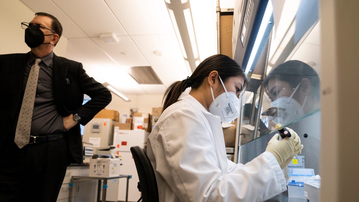 DO NOT USE -- SAVE FOR MAAG TESTING PROJECT --Research intern Veronica Kan screens COVID-19 testing swabs at the Hackensack Meridian Health Center for Discovery and Innovation in Nutley on Thursday, January 27, 2022. At left is David Perlin, chief scientific officer of the Center for Discovery and Innovation.