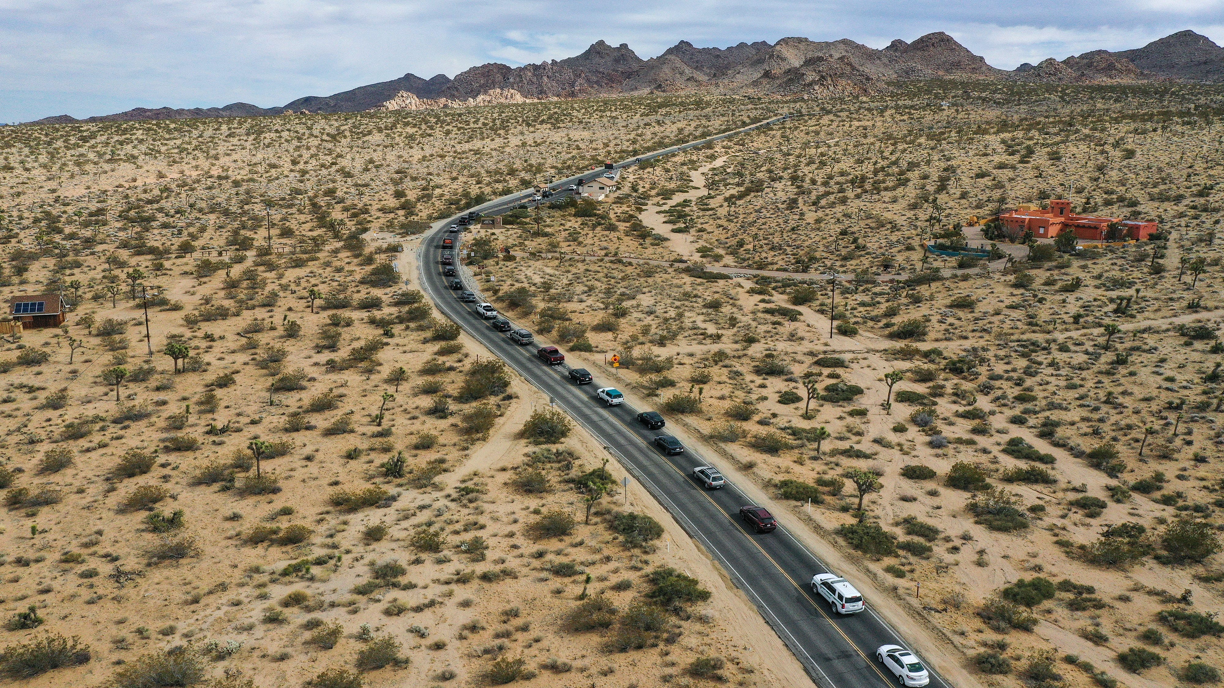 A long line of cars waits to get into Joshua Tree National Park on Jan. 14, 2022. Up to 40% of visitors make a day trip from the nearby Palm Springs area.