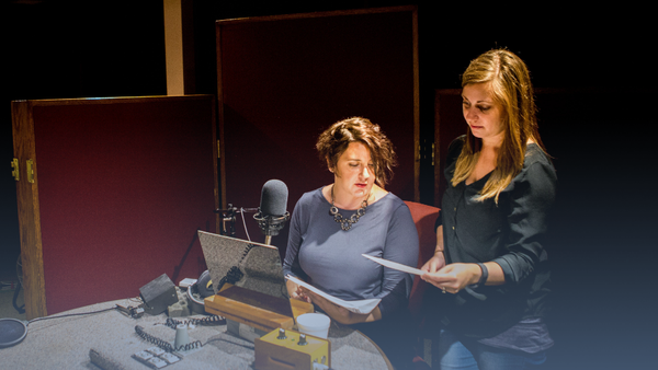 Amber Hunt and Amanda Rossmann prepare to record a