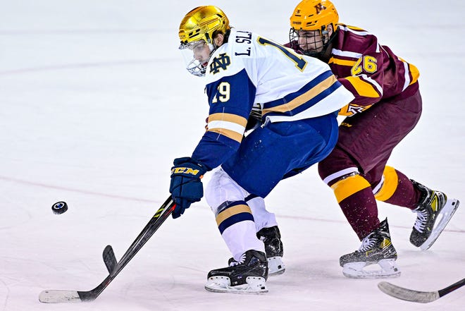 Notre Dame left wing Landon Slaggert (19) and Minnesota left defenseman Carl Fish reach for the puck in the third period at the Compton Family Ice Arena Friday, Jan. 28, 2022, in South Bend.