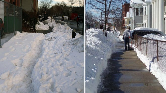 A side-by-side photo showcasing a sidewalk in noncompliance, left, and a sidewalk in compliance, right, with the city's snow and ice removal ordinance.