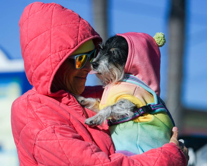 Alice Nicholl and her dog, Harperlee, are bundled up on a cold morning in Stuart, Fla.