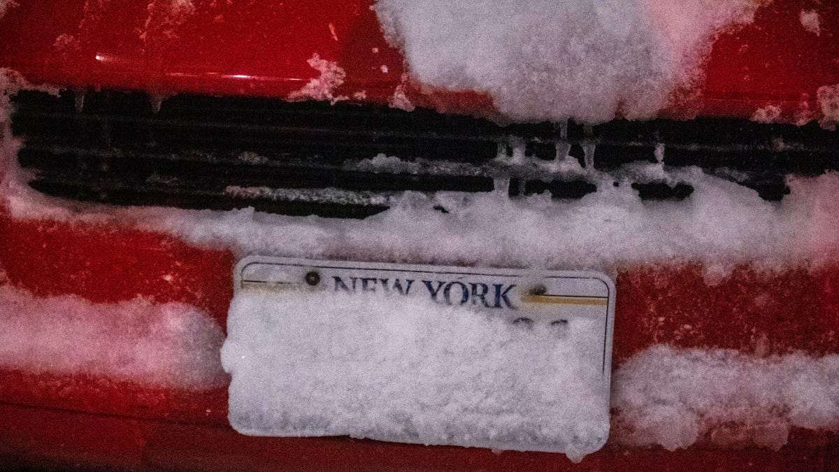 A license plate is covered with snow during a snow storm in the Ridgewood section of Queens borough of New York on Saturday, Jan. 29, 2022. 