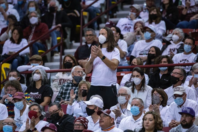 Fans fill the stands as the New Mexico State Aggies face off against the Grand Canyon Lopes at the Pan American Center in Las Cruces on Saturday, Jan. 29, 2022.