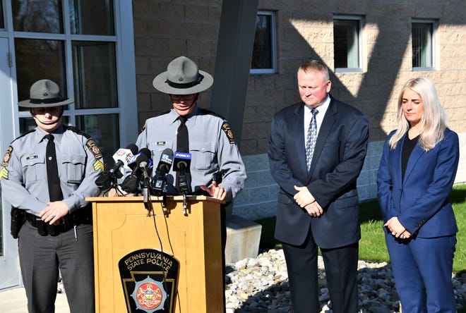 Pennsylvania State Police Public information Officer David Boehm, at podium, holds a press conference in November about a 40-year-old Jonestown man who was killed in an officer-involved shooting in Union Township in November.