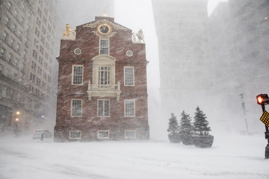 The Old Massachusetts State House is enveloped in whiteout conditions as a storm pushes through Boston on Jan. 29, 2022.