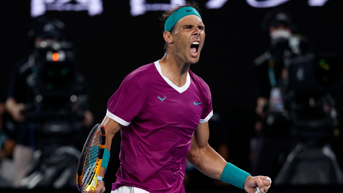 Rafael Nadal of Spain reacts after winning the third set against Daniil Medvedev during the final of the Australian Open.