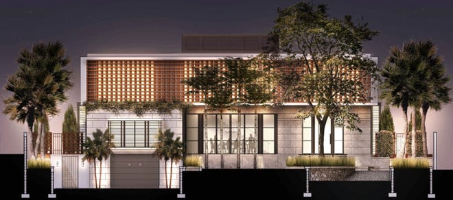 A night rendering shows a the west side of a Palm Beach house proposed for 7 Ocean Lane, which was rejected outright during its Jan. 26 review by the Architectural Commission.