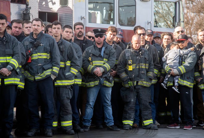 Stockton Firefighters gather at Terminal 2 in downtown Stockton following the murder of fire captain Max Fortuna, who was fatally shot while fighting a fire at a commercial building on central Aurora and Washington streets. Stockton city center.