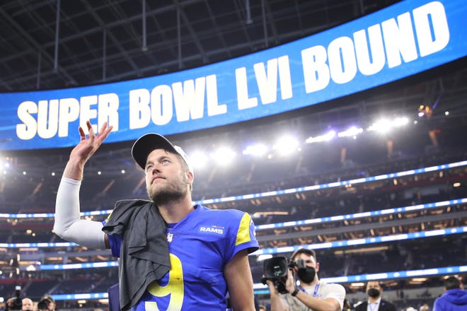 Rams QB Matthew Stafford reacts after the Rams' 20-17 win in the NFC championship game on Sunday, Jan. 30, 2022, in Inglewood, California.