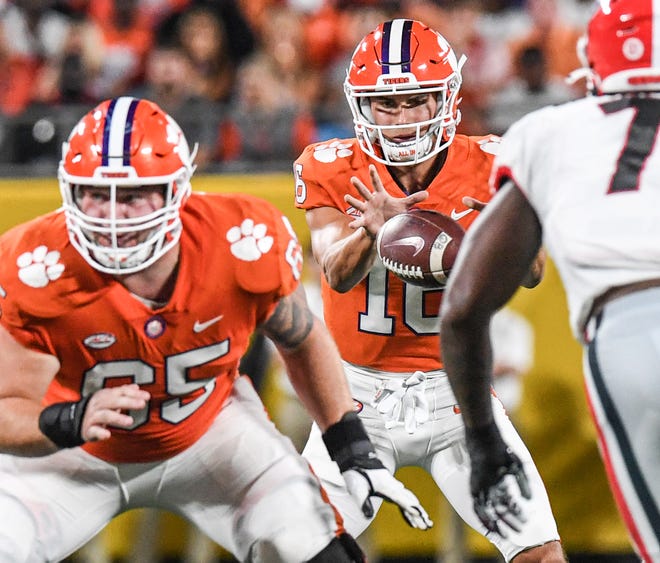Clemson quarterback Will Taylor (16) takes a snap as a quarterback for a play during the Duke's Mayo Classic Sep 2, 2021;  Charlotte, North Carolina, USA;  at Bank of America Stadium.