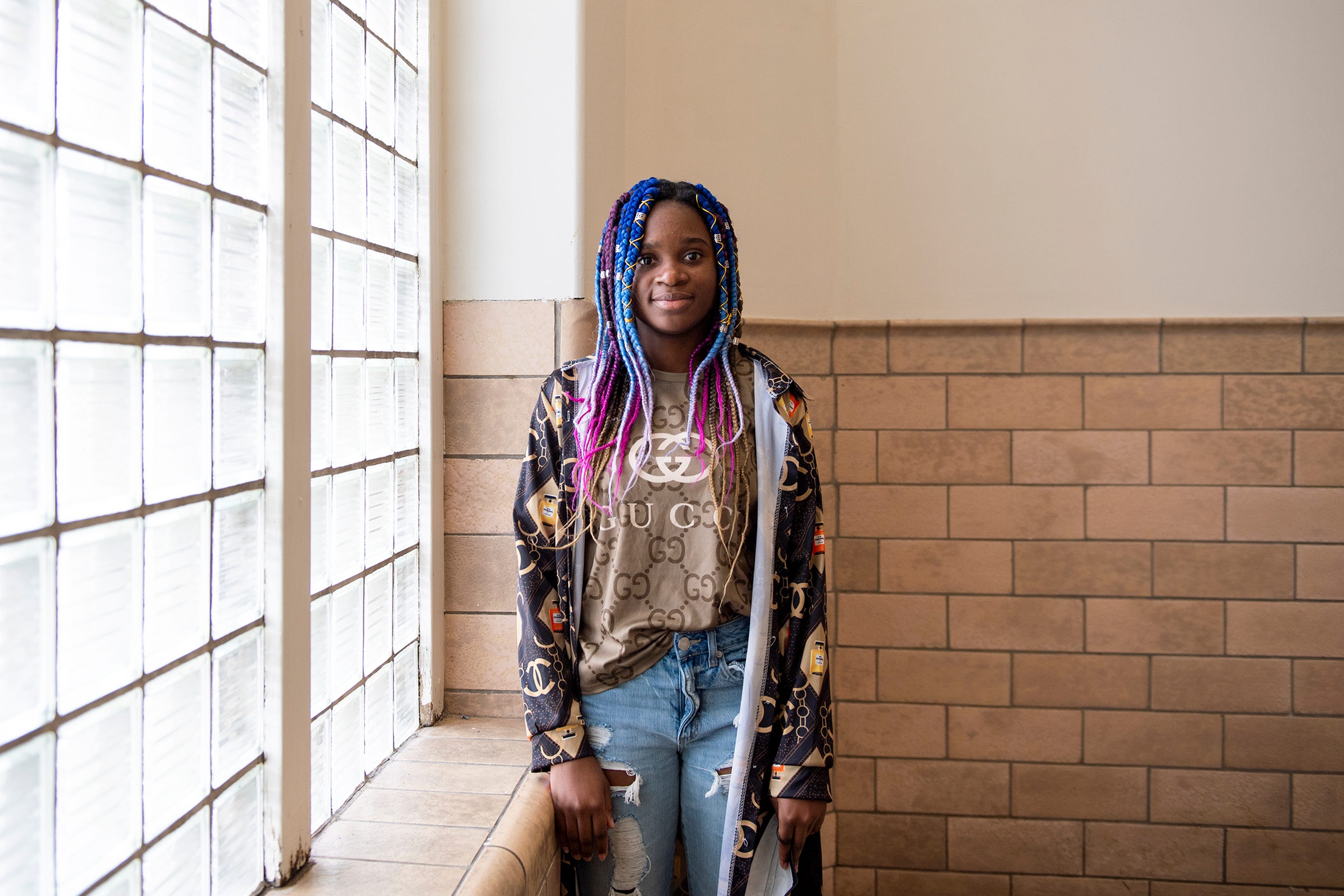 Jacqueline Kubembereza inside McCaskey High School in Lancaster, Pa.