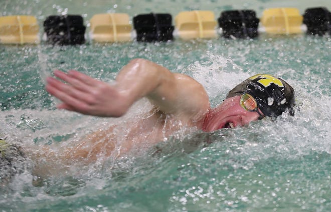 Big South Conference Male Co-Swimmer of the Year Alex Barr from Kings Mountain swims freestyle in Friday's conference meet in Kings Mountain. (Brian Mayhew / Special to the Gazette)