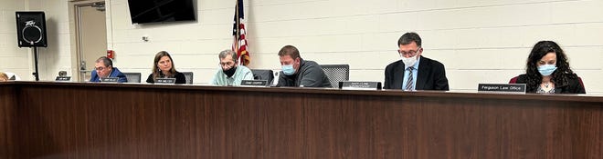 From left, board members Jack White, Amber Wille , Rick Smeltzer and Chad Cooper are pictured during the board’s reorganization. Superintendent Andy Cline and the district’s attorney Christine Bartlett can also be seen. Present but not pictured were board members Sonia Brinson and Derek Morgan. Virtually present was board member Mark Rogers.